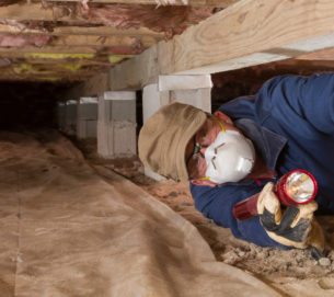 Home inspector looks for termites in residential home’s crawl space.